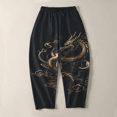 Buddha Stones Pure Cotton Golden Dragon Auspicious Cloud Pattern Drawstring Men's Tapered Pants With Pockets - image 9