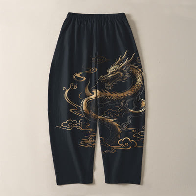 Buddha Stones Pure Cotton Golden Dragon Auspicious Cloud Pattern Drawstring Men's Tapered Pants With Pockets - image 10