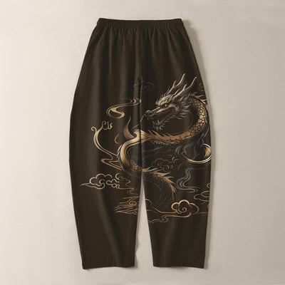 Buddha Stones Pure Cotton Golden Dragon Auspicious Cloud Pattern Drawstring Men's Tapered Pants With Pockets - image 14