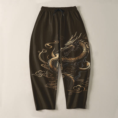 Buddha Stones Pure Cotton Golden Dragon Auspicious Cloud Pattern Drawstring Men's Tapered Pants With Pockets - image 13