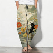 Foviel Pure Cotton Oriental Black Cat Floral Pattern Drawstring Men's Tapered Pants With Pockets