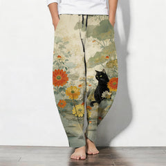 Buddha Stones Pure Cotton Oriental Black Cat Floral Pattern Drawstring Men's Tapered Pants With Pockets - PaleGoldenrod - US/UK/AU50，EU60 (5XL) - image 0