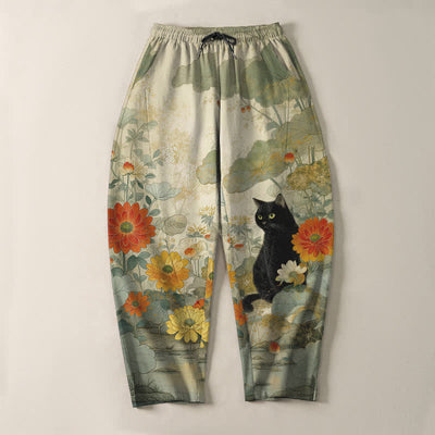 Buddha Stones Pure Cotton Oriental Black Cat Floral Pattern Drawstring Men's Tapered Pants With Pockets - image 2