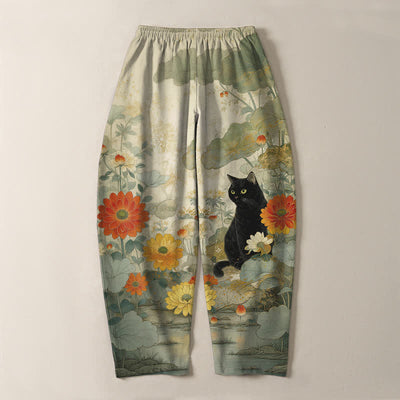 Buddha Stones Pure Cotton Oriental Black Cat Floral Pattern Drawstring Men's Tapered Pants With Pockets - image 3