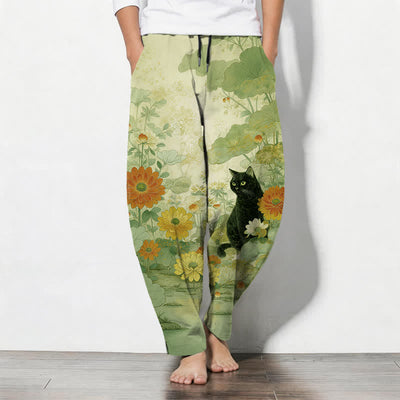 Buddha Stones Pure Cotton Oriental Black Cat Floral Pattern Drawstring Men's Tapered Pants With Pockets - GreenYellow - US/UK/AU50，EU60 (5XL) - image 7