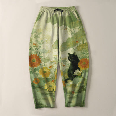 Buddha Stones Pure Cotton Oriental Black Cat Floral Pattern Drawstring Men's Tapered Pants With Pockets - image 9