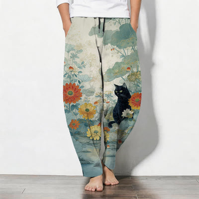 Buddha Stones Pure Cotton Oriental Black Cat Floral Pattern Drawstring Men's Tapered Pants With Pockets - PaleTurquoise - US/UK/AU50，EU60 (5XL) - image 11