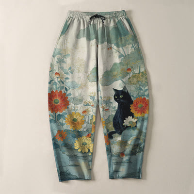 Buddha Stones Pure Cotton Oriental Black Cat Floral Pattern Drawstring Men's Tapered Pants With Pockets - image 13
