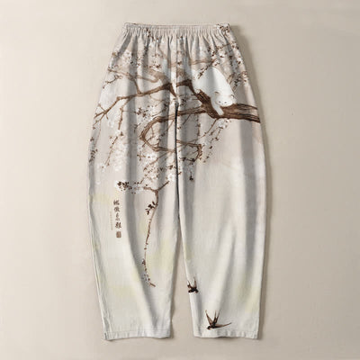 Buddha Stones Pure Cotton Ink Plum Cat Pattern Drawstring Men's Tapered Pants With Pockets - image 10