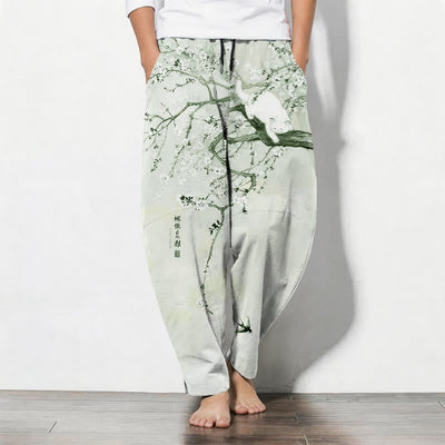 Buddha Stones Pure Cotton Ink Plum Cat Pattern Drawstring Men's Tapered Pants With Pockets - Honeydew - US/UK/AU50，EU60 (5XL) - image 11