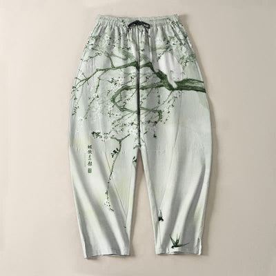 Buddha Stones Pure Cotton Ink Plum Cat Pattern Drawstring Men's Tapered Pants With Pockets - image 13