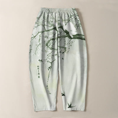 Buddha Stones Pure Cotton Ink Plum Cat Pattern Drawstring Men's Tapered Pants With Pockets - image 14