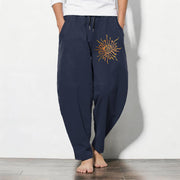 Foviel Pure Cotton Golden Sun Spiral Pattern Drawstring Men's Tapered Pants With Pockets