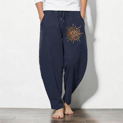 Buddha Stones Pure Cotton Golden Sun Spiral Pattern Drawstring Men's Tapered Pants With Pockets - Navy - US/UK/AU50，EU60 (5XL) - image 7