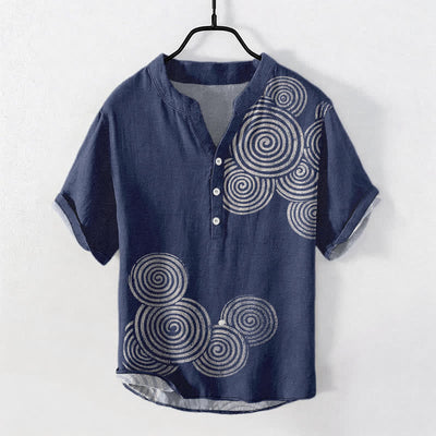 Buddha Stones Cotton Spiral Circle Pattern Men's Short Sleeve Half Button Shirt - Navy - US/UK/AU50，EU60 (5XL) - image 0