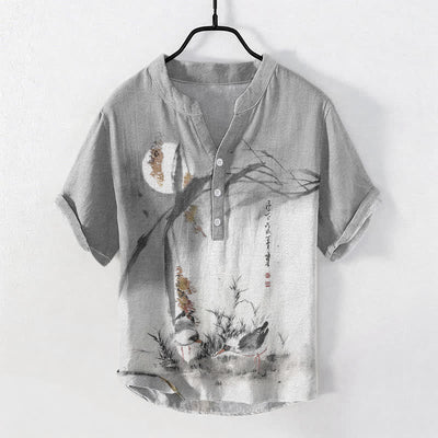 Buddha Stones Cotton Ink Moon Bird Pattern Men's Short Sleeve Half Button Shirt - LightGrey - US/UK/AU50，EU60 (5XL) - image 5