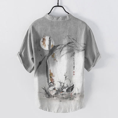 Buddha Stones Cotton Ink Moon Bird Pattern Men's Short Sleeve Half Button Shirt - image 6