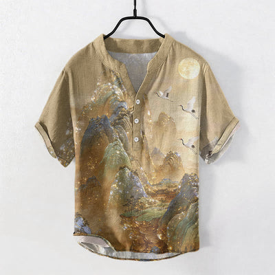 Buddha Stones Cotton Mountain Crane Moon Pattern Men's Short Sleeve Half Button Shirt - DarkKhaki - US/UK/AU50，EU60 (5XL) - image 0