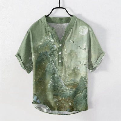 Buddha Stones Cotton Mountain Crane Moon Pattern Men's Short Sleeve Half Button Shirt - LightGreen - US/UK/AU50，EU60 (5XL) - image 7