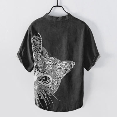 Buddha Stones Cotton Tribal Cat Face Pattern Men's Short Sleeve Half Button Shirt - image 1