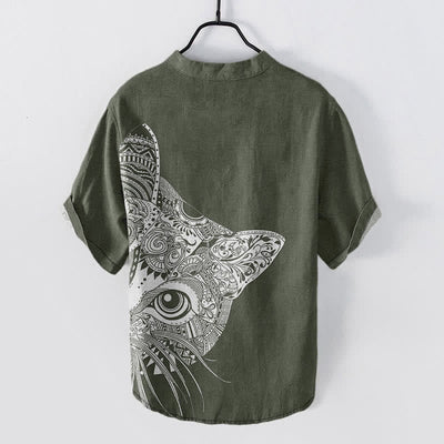 Buddha Stones Cotton Tribal Cat Face Pattern Men's Short Sleeve Half Button Shirt - image 6