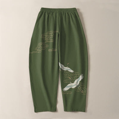 Buddha Stones Pure Cotton Flying Crane Cloud Pattern Drawstring Men's Tapered Pants With Pockets - image 10