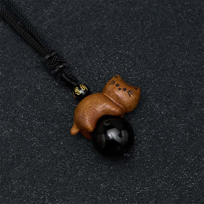 Buddha Stones Sandalwood Cat Black Obsidian Bead Om Mani Padme Hum Bead Protection Rope Necklace - image 3