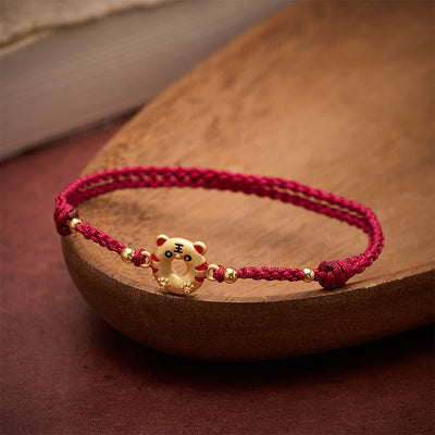 Buddha Stones Copper Tiger Peace Buckle Hand Woven Grounding Red String Adjustable Bracelet - image 2
