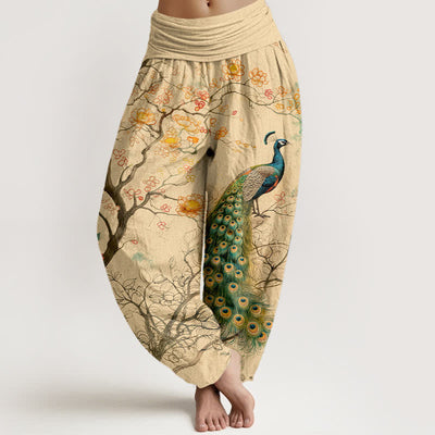 Buddha Stones Cotton Peacock Floral Branch Pattern Women's Elastic Waist Harem Pants - Wheat - US16，UK/AU20，EU48 (3XL) - image 0