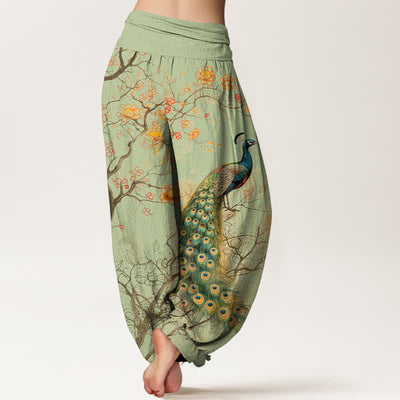 Buddha Stones Cotton Peacock Floral Branch Pattern Women's Elastic Waist Harem Pants - image 7