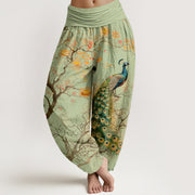 Foviel Baumwolle Pfau Floral Zweig Muster Damen elastische Taille Harem Hose