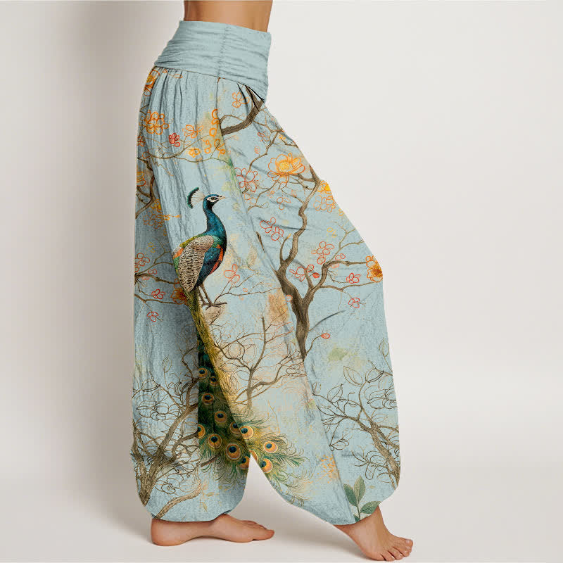 Buddha Stones Cotton Peacock Floral Branch Pattern Women's Elastic Waist Harem Pants - image 9