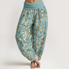 Buddha Stones Cotton Bird Orange Blossom Pattern Women's Elastic Waist Harem Pants - SkyBlue - US16，UK/AU20，EU48 (3XL) - image 0