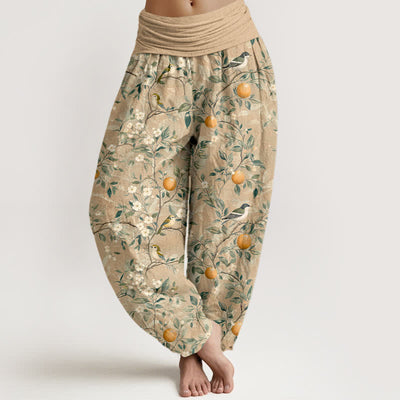 Buddha Stones Cotton Bird Orange Blossom Pattern Women's Elastic Waist Harem Pants - Tan - US16，UK/AU20，EU48 (3XL) - image 5