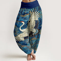 Buddha Stones Cotton White Crane Wave Pattern Women's Elastic Waist Harem Pants - RoyalBlue - US16，UK/AU20，EU48 (3XL) - image 0