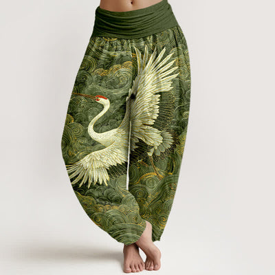 Buddha Stones Cotton White Crane Wave Pattern Women's Elastic Waist Harem Pants - Green - US16，UK/AU20，EU48 (3XL) - image 5