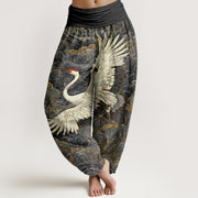 Foviel Cotton White Crane Wave Pattern Women's Elastic Waist Harem Pants