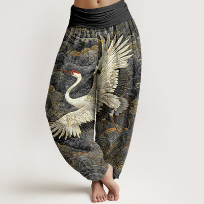 Buddha Stones Cotton White Crane Wave Pattern Women's Elastic Waist Harem Pants - DimGray - US16，UK/AU20，EU48 (3XL) - image 8