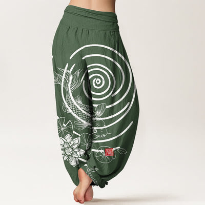 Buddha Stones Cotton Koi Fish Lotus Pattern Women's Elastic Waist Harem Pants - image 6