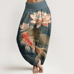 Buddha Stones Cotton Elegant Golden Koi Fish Lotus Pattern Women's Elastic Waist Harem Pants - Teal - US16，UK/AU20，EU48 (3XL) - image 0