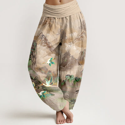 Buddha Stones Cotton Oriental Landscape Red-crowned Crane Pattern Women's Elastic Waist Harem Pants - Tan - US16，UK/AU20，EU48 (3XL) - image 5