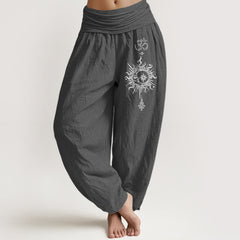 Buddha Stones Pure Cotton White Mandala Om Sun Pattern Women's Elastic Waist Harem Pants - DimGray - US16，UK/AU20，EU48 (3XL) - image 0