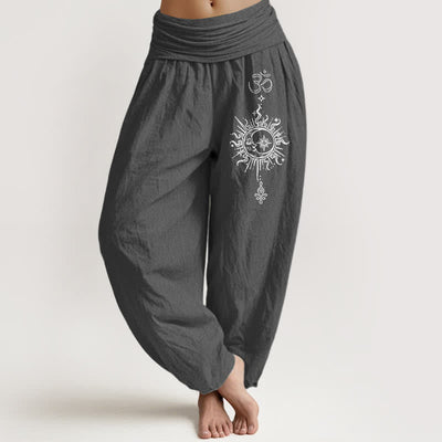 Buddha Stones Pure Cotton White Mandala Om Sun Pattern Women's Elastic Waist Harem Pants - DimGray - US16，UK/AU20，EU48 (3XL) - image 0