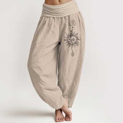 Buddha Stones Pure Cotton White Mandala Om Sun Pattern Women's Elastic Waist Harem Pants - Tan - US16，UK/AU20，EU48 (3XL) - image 14