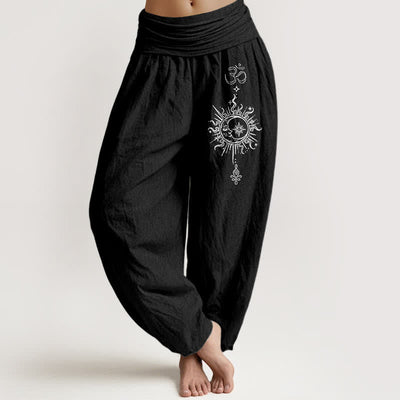Buddha Stones Pure Cotton White Mandala Om Sun Pattern Women's Elastic Waist Harem Pants - Black - US16，UK/AU20，EU48 (3XL) - image 5