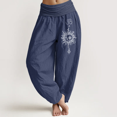 Buddha Stones Pure Cotton White Mandala Om Sun Pattern Women's Elastic Waist Harem Pants - DarkSlateBlue - US16，UK/AU20，EU48 (3XL) - image 8