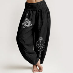 Buddha Stones Pure Cotton Lotus Moon Sun Pattern Women's Elastic Waist Harem Pants - Black - US16，UK/AU20，EU48 (3XL) - image 0