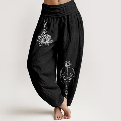Buddha Stones Pure Cotton Lotus Moon Sun Pattern Women's Elastic Waist Harem Pants - Black - US16，UK/AU20，EU48 (3XL) - image 0