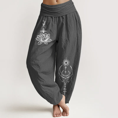 Buddha Stones Pure Cotton Lotus Moon Sun Pattern Women's Elastic Waist Harem Pants - DimGray - US16，UK/AU20，EU48 (3XL) - image 8