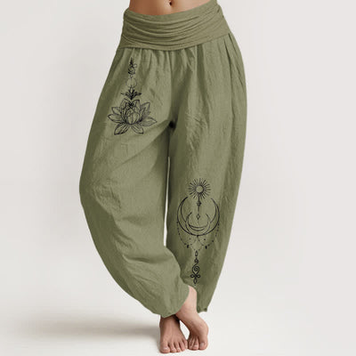 Buddha Stones Pure Cotton Lotus Moon Sun Pattern Women's Elastic Waist Harem Pants - OliveDrab - US16，UK/AU20，EU48 (3XL) - image 11